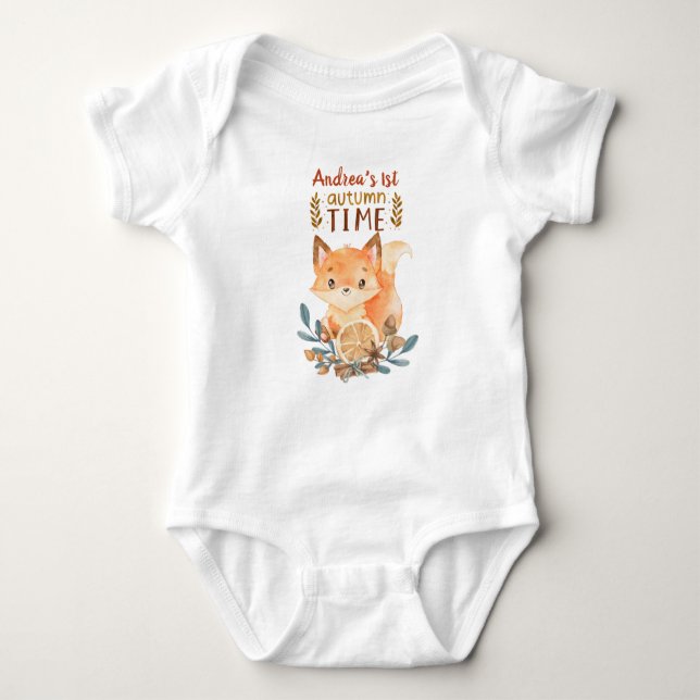 Autumn baby fox personalised name 1st autumn baby bodysuit (Front)