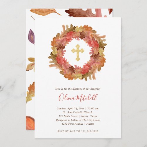 Autumn Baptism  Fall Leaves and Gold Cross Invitation