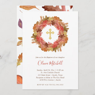 Autumn Baptism Fall Leaves and Gold Cross Invitation