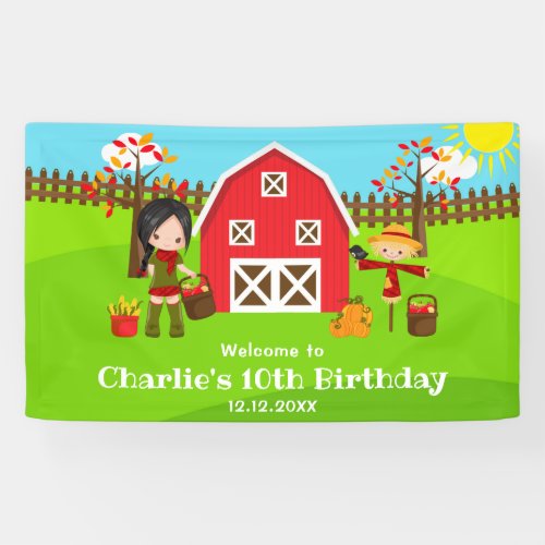 Autumn Barnyard Birthday Black Hair Girl Welcome Banner