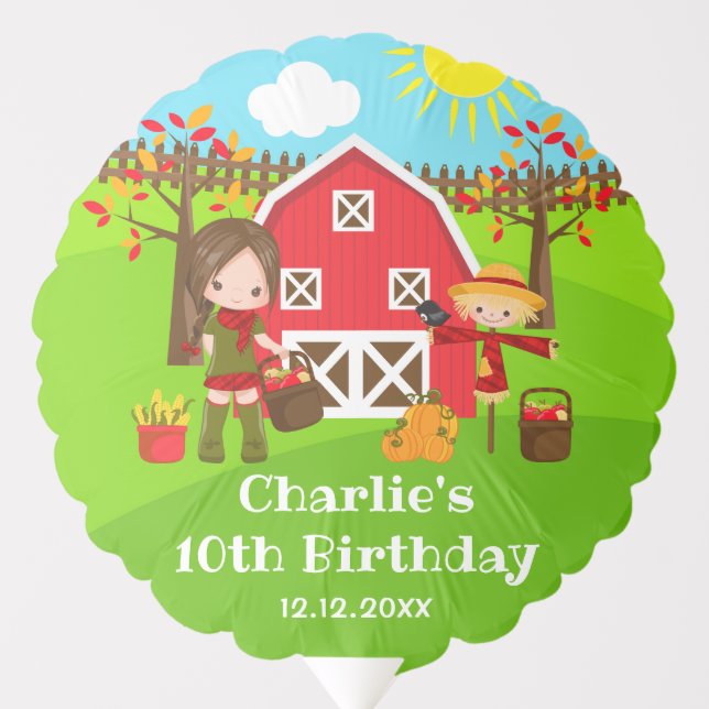 Autumn Barnyard Birthday Brown Hair Girl Balloon (Front)
