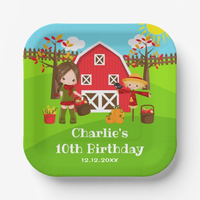 Autumn Barnyard Birthday Brown Hair Girl Paper Plates (Front)