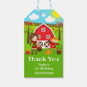 Autumn Barnyard Birthday Brown Hair Girl Thank You Gift Tags