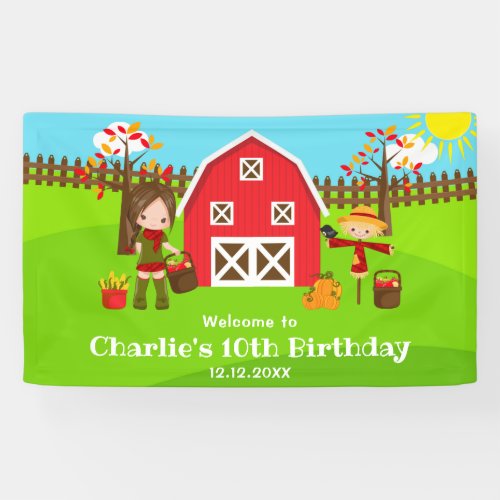 Autumn Barnyard Birthday Brown Hair Girl Welcome Banner