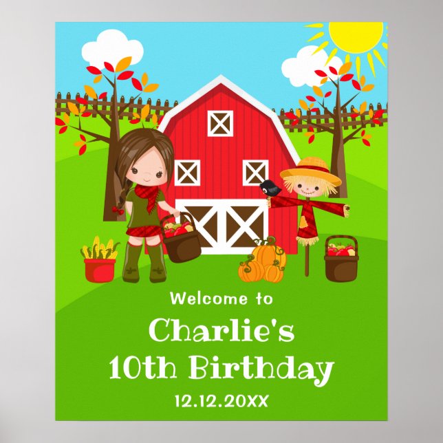Autumn Barnyard Birthday Brown Hair Girl Welcome Poster (Front)