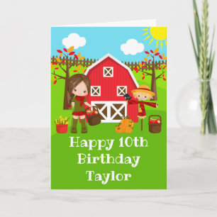 Autumn Barnyard Brown Hair Girl Happy Birthday  Card