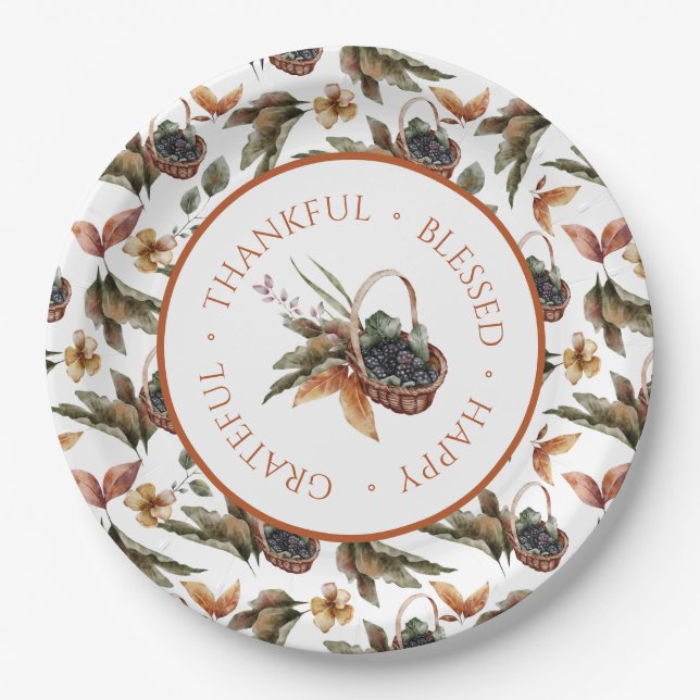 Autumn Basket of Berries Thankful Grateful Blessed Paper Plates (Front)