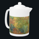 Autumn Batik Teapot<br><div class="desc">Medium white Porcelain teapot with an image of rust, gold and green autumn batik. See matching candy jar, espresso cup, flask, pitcher, plates and coasters. See the entire Bali Retreat Teapot collection in the FOOD/BEV | Dishes section.
This product is not associated or affiliated with the original copyright holder.</div>