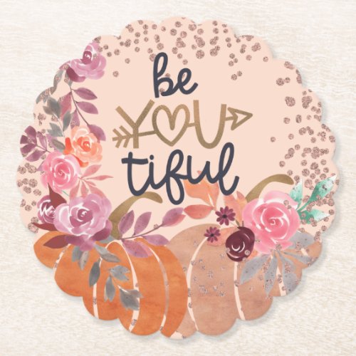 Autumn Be You tiful Rose Gold Floral Pumpkins  Paper Coaster