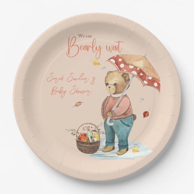 Autumn Bear Baby Shower Paper Plate, Fall bear Plates (Front)