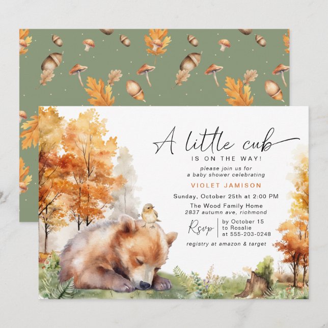 Autumn Bear Cub | Cute Fall Forest Baby Shower Invitation (Front/Back)