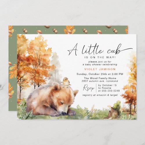 Autumn Bear Cub  Cute Fall Forest Baby Shower Invitation