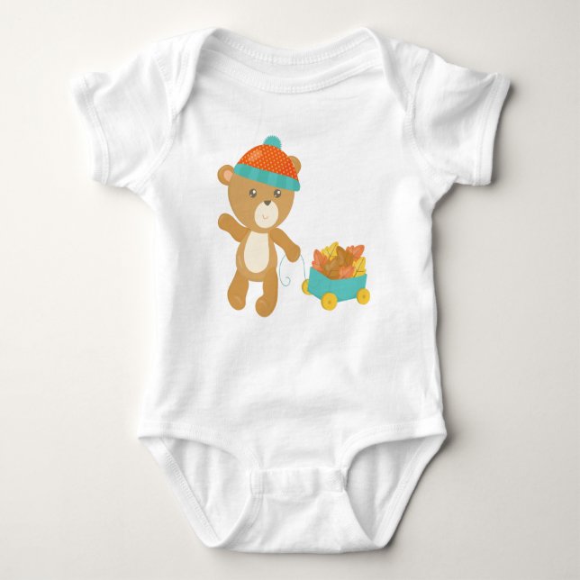 Autumn Bear, Cute Bear, Bear With Hat, Leaves Baby Bodysuit (Front)