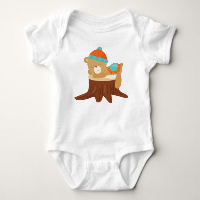 Autumn Bear, Sleeping Bear, Cute Bear, Tree Stump Baby Bodysuit (Front)