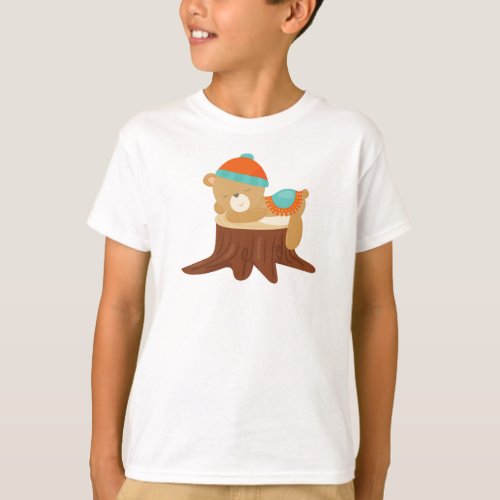 Autumn Bear Sleeping Bear Cute Bear Tree Stump T_Shirt