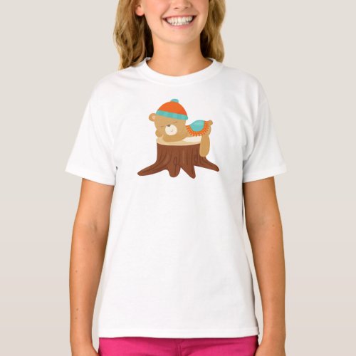 Autumn Bear Sleeping Bear Cute Bear Tree Stump T_Shirt