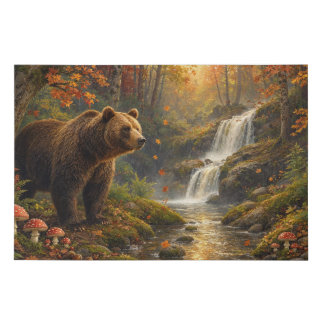 Autumn Bear Waterfall Woodland Art Faux Canvas Print