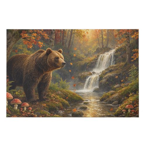 Autumn Bear Waterfall Woodland Art Faux Canvas Print