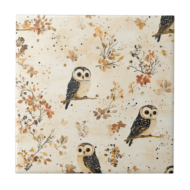 Autumn Beige Owl Botanical Forest Pattern Ceramic Tile (Front)