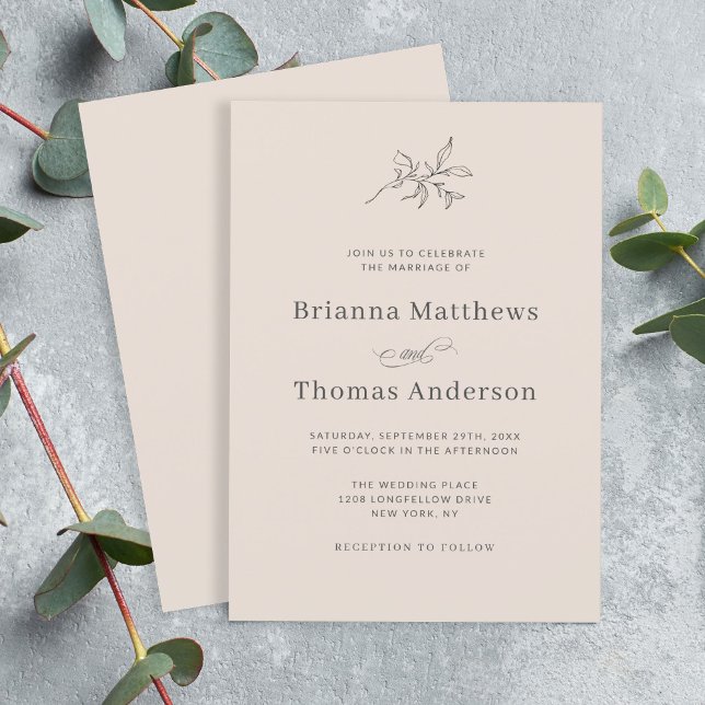 Autumn Beige Simple Elegant Wedding Invitation (Simple elegance, this wedding invitation in neutral autumn beige with a subtle leafy branch.)