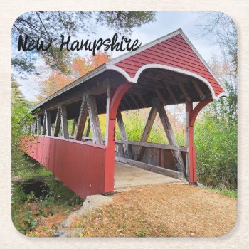Autumn Belmont Covered Bridge Nh  Square Paper Coaster by RenderlyYours at Zazzle
