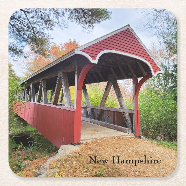 Autumn Belmont covered bridge NH  Square Paper Coaster (Front)