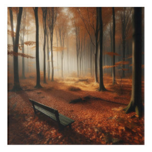 Autumn Bench Among Misty Trees – Peaceful Forest Acrylic Print
