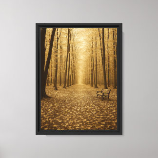 Autumn Bench on a Leafy Forest Path Canvas Print