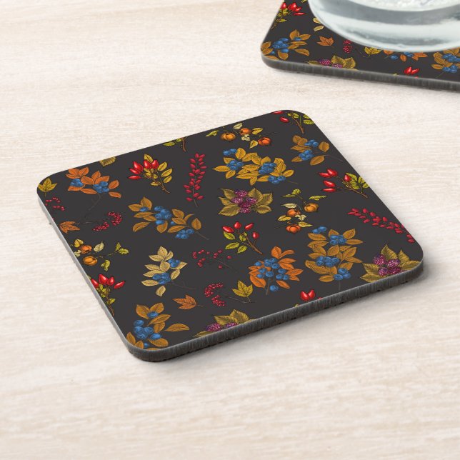 Autumn berries on chocolate brown 2 beverage coaster (Left Side)