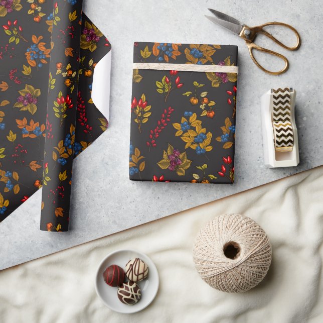 Autumn berries on chocolate brown 2 wrapping paper (Crafts)