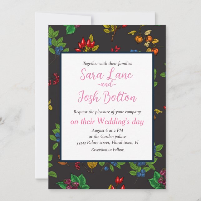 Autumn berries on chocolate brown invitation (Front)