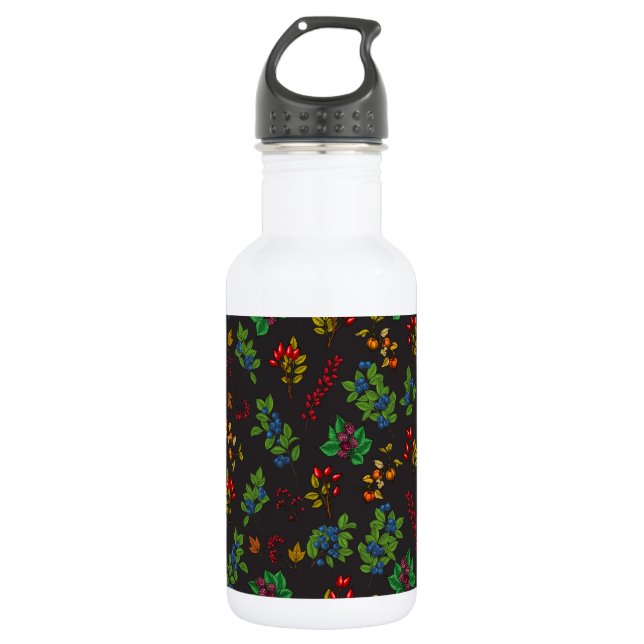 Autumn berries on chocolate brown stainless steel water bottle (Front)