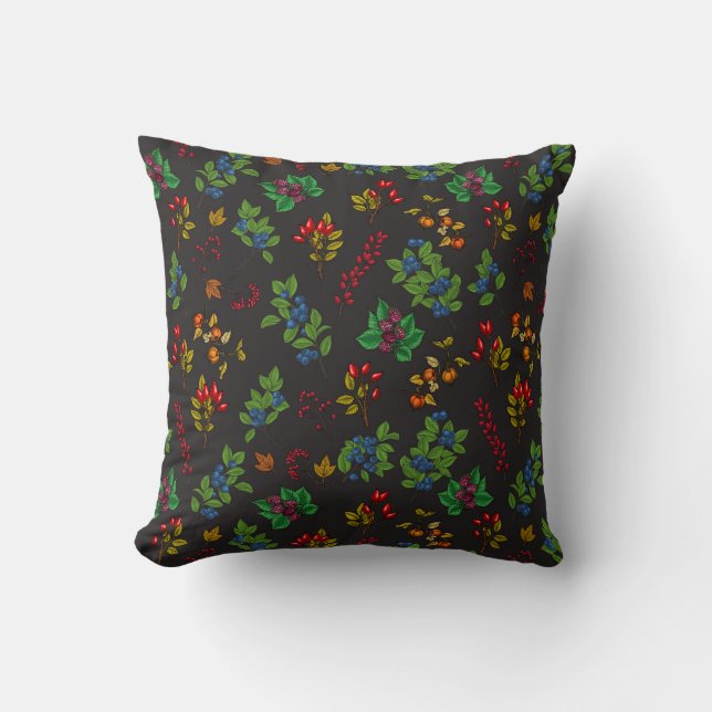 Autumn berries on chocolate brown throw pillow (Front)