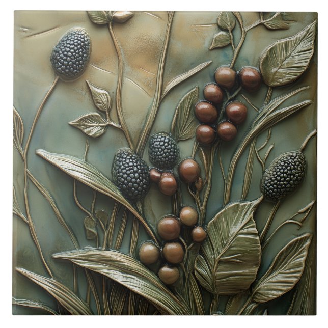 Autumn Berry Branch Botanical Faux Relief  Ceramic Tile (Front)