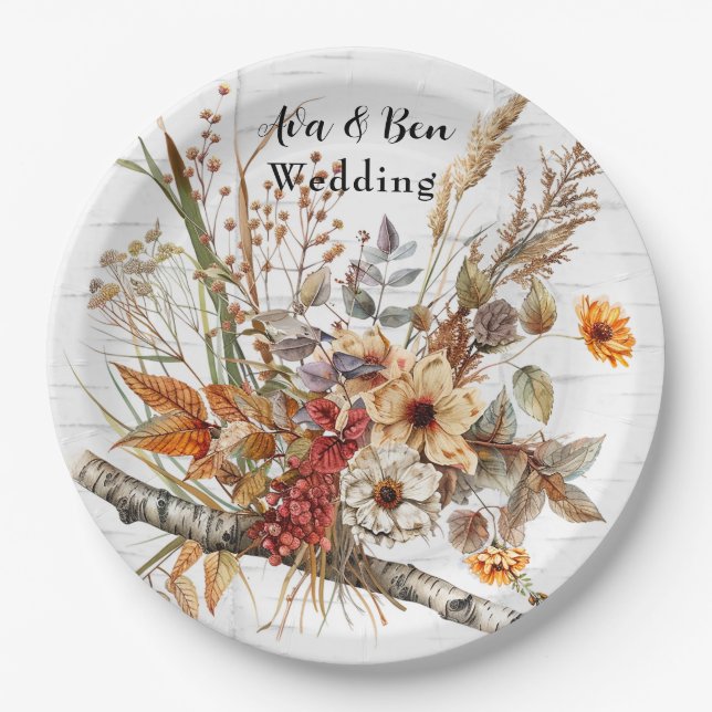 Autumn Birch Tree and Wildflowers Wedding Paper Plates (Front)