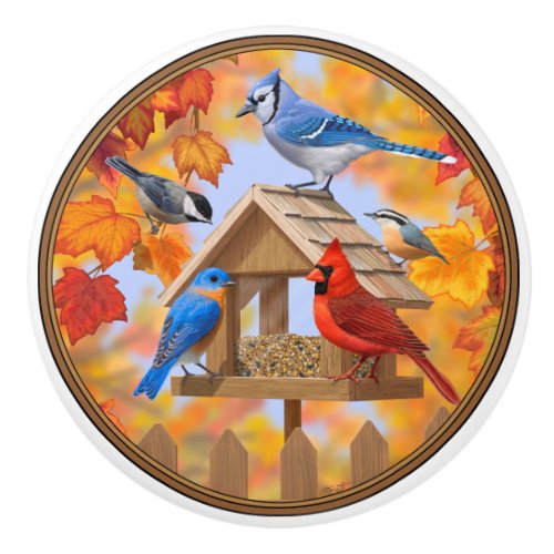 Autumn Bird Feeder Gathering Ceramic Knob