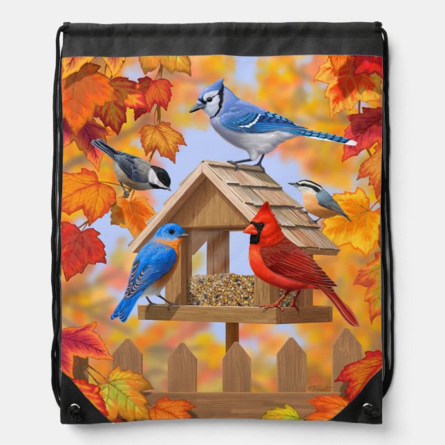 Autumn Bird Feeder Gathering Drawstring Bag (Front)