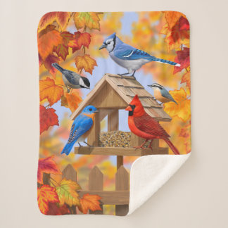 Autumn Bird Feeder Gathering Sherpa Blanket