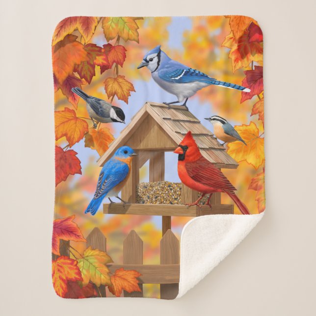 Autumn Bird Feeder Gathering Sherpa Blanket (Front)