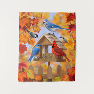 Autumn Bird Feeder Gathering Tapestry
