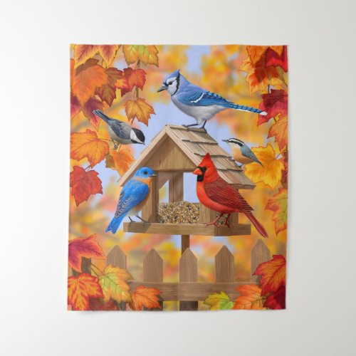 Autumn Bird Feeder Gathering Tapestry