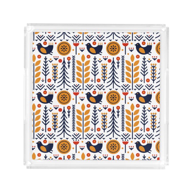 Autumn Bird Folk Art Pattern Acrylic Tray (Front)