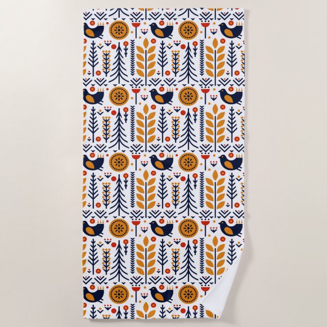 Autumn Bird Folk Art Pattern Beach Towel (Front)