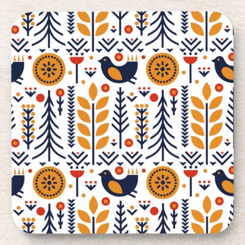 Autumn Bird Folk Art Pattern Beverage Coaster