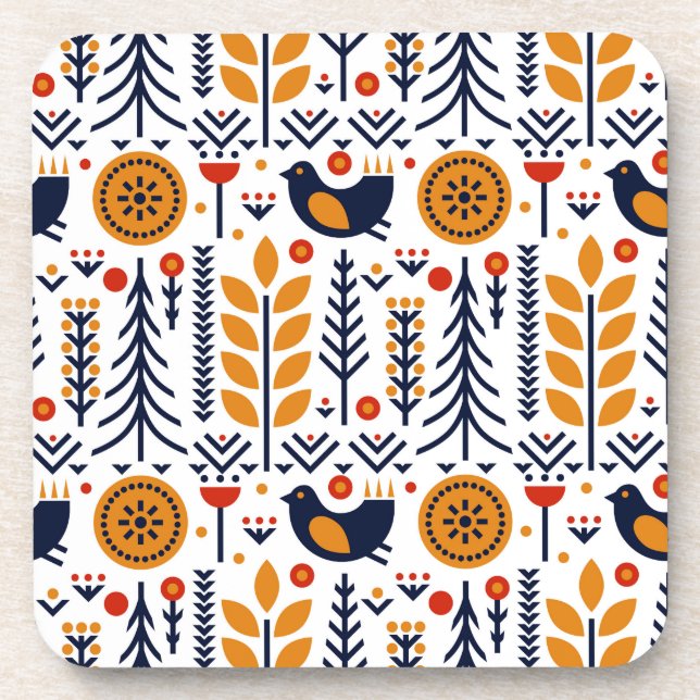Autumn Bird Folk Art Pattern Beverage Coaster (Front)