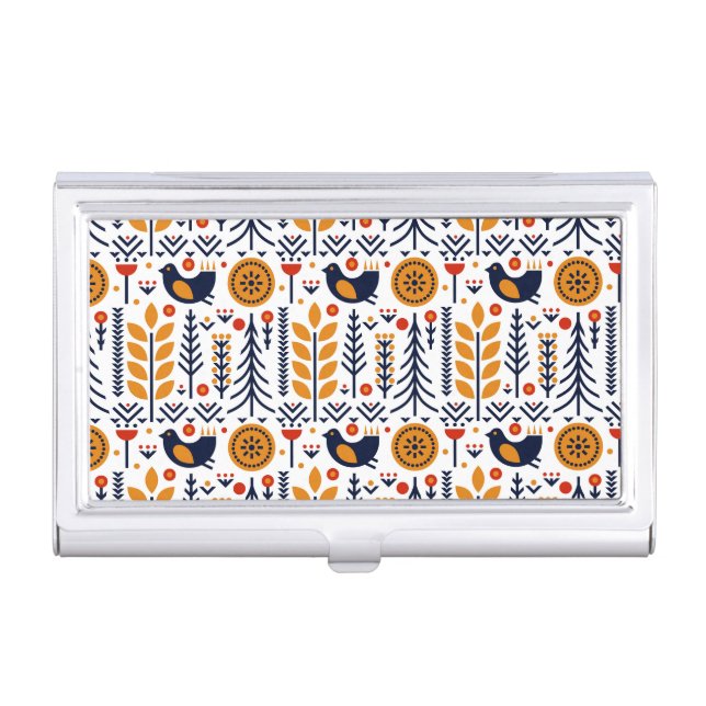 Autumn Bird Folk Art Pattern Business Card Case (Front)