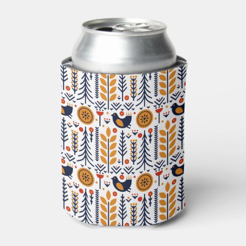 Autumn Bird Folk Art Pattern Can Cooler