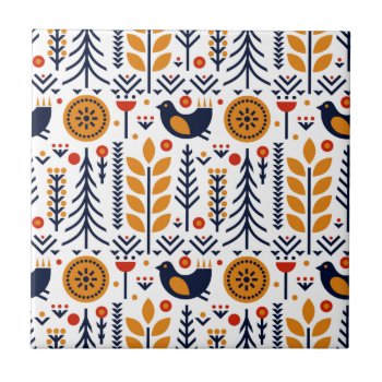 Autumn Bird Folk Art Pattern Ceramic Tile by trendzilla at Zazzle