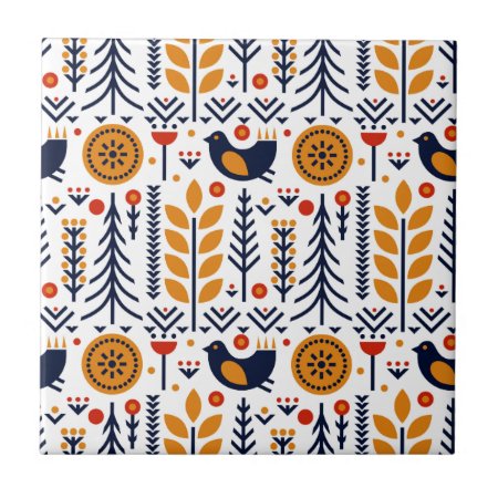 Autumn Bird Folk Art Pattern Ceramic Tile