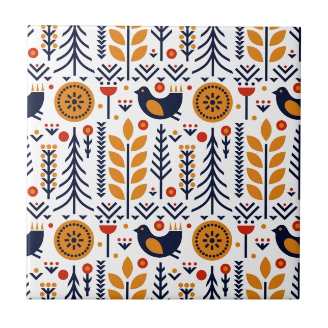 Autumn Bird Folk Art Pattern Ceramic Tile (Front)